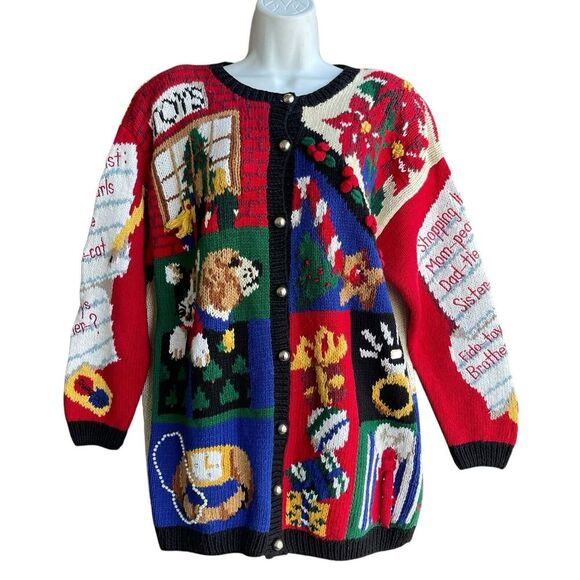 Vintage 90s EAGLES EYE Ugly Sweater Cardigan Size M Dog Cat Christmas Hand Knit - Picture 1 of 4